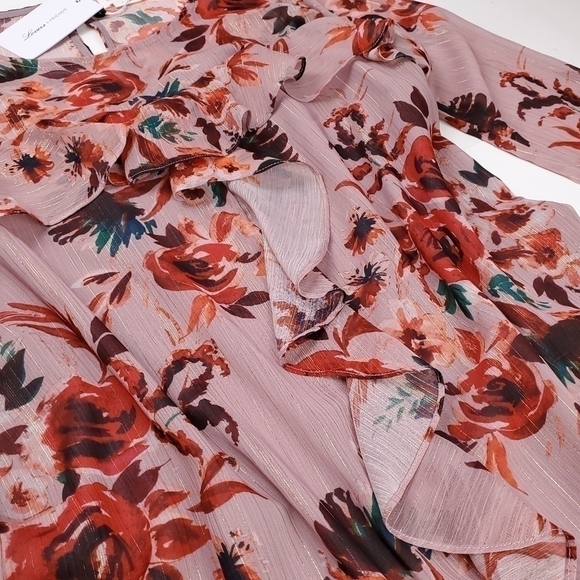 New Lovers + Friends Pink Floral Gold Metallic Stripe Sheer Ruff… - Picture 12 of 16